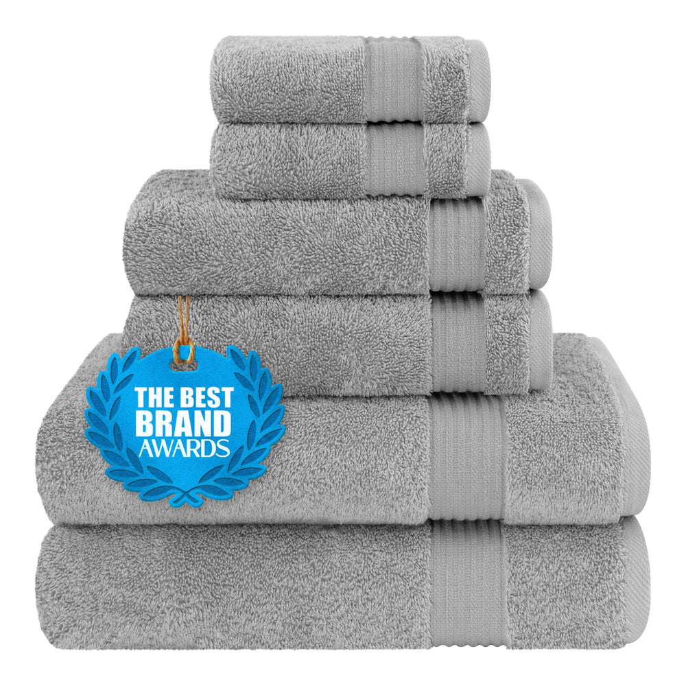 Cotton Paradise front view of six-piece set showing neat folded towels and neutral tone benefit