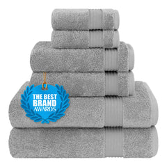 Cotton Paradise front view of six-piece set showing neat folded towels and neutral tone benefit