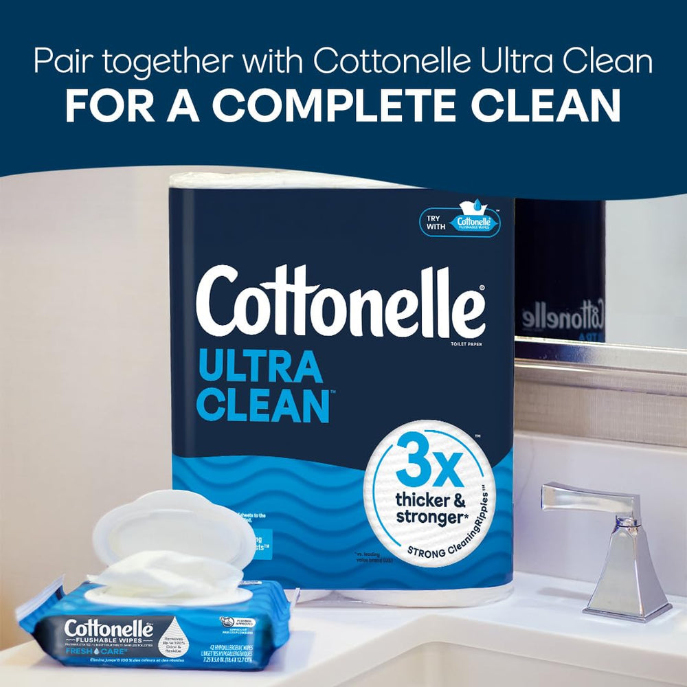 Bathroom shelf stocked with Cottonelle packs for household accessibility
