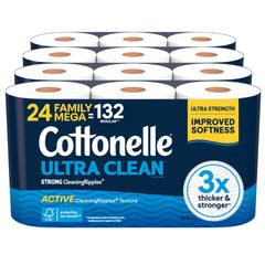 Cottonelle front packaging showing 24 Family Mega Rolls and benefits