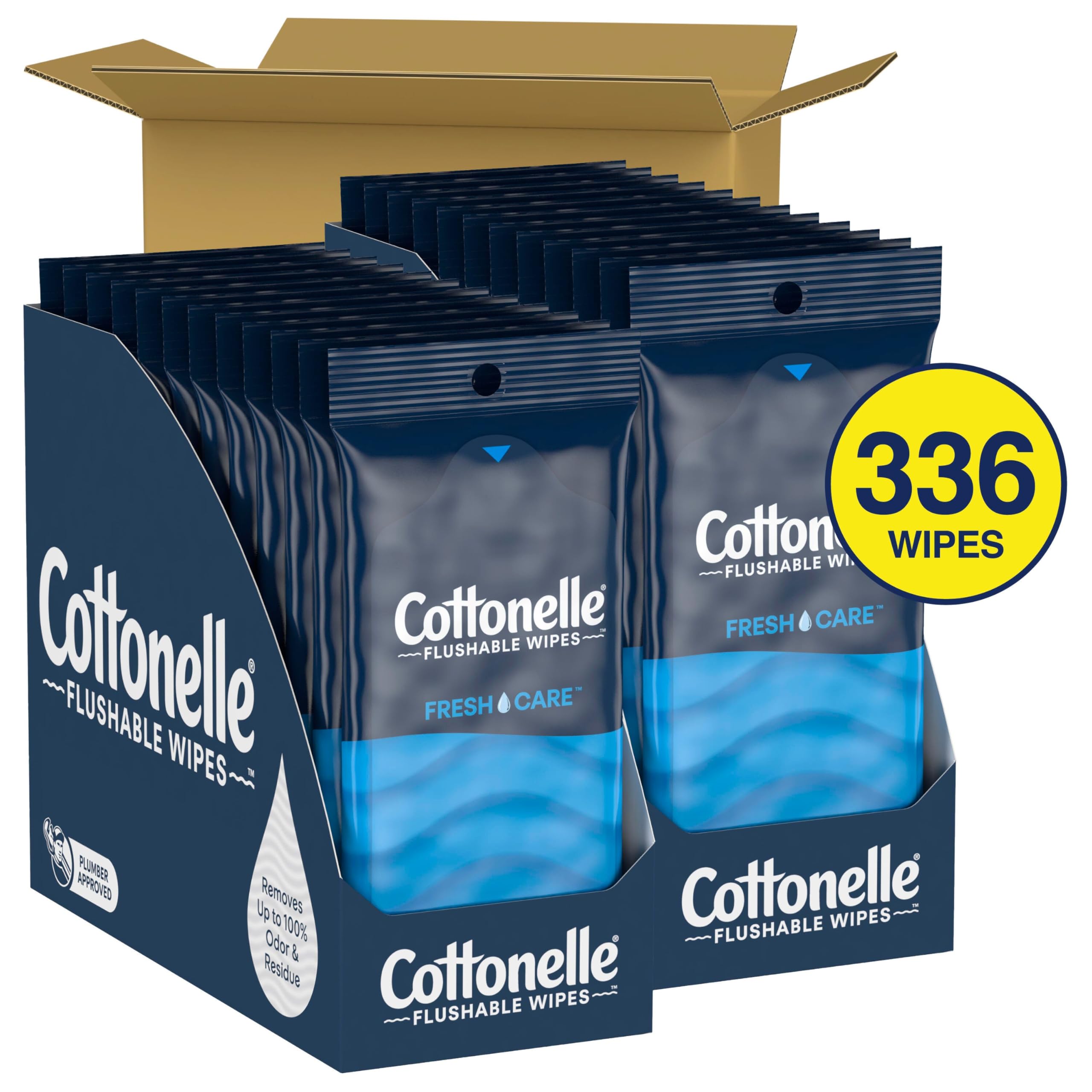 Cottonelle single on-the-go pack open with one wipe pulled for quick use