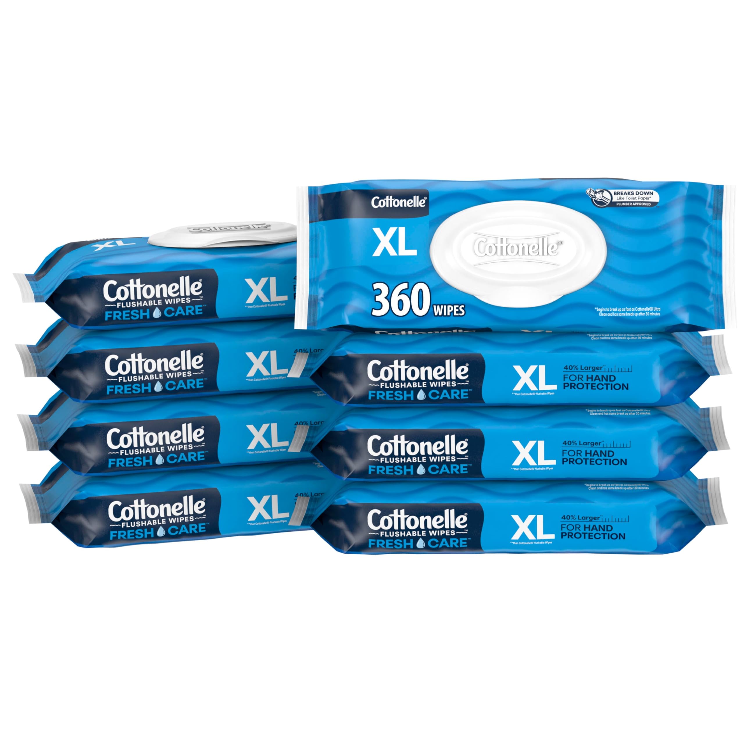 Cottonelle front pack showing eight flip-top packs and quantity benefits