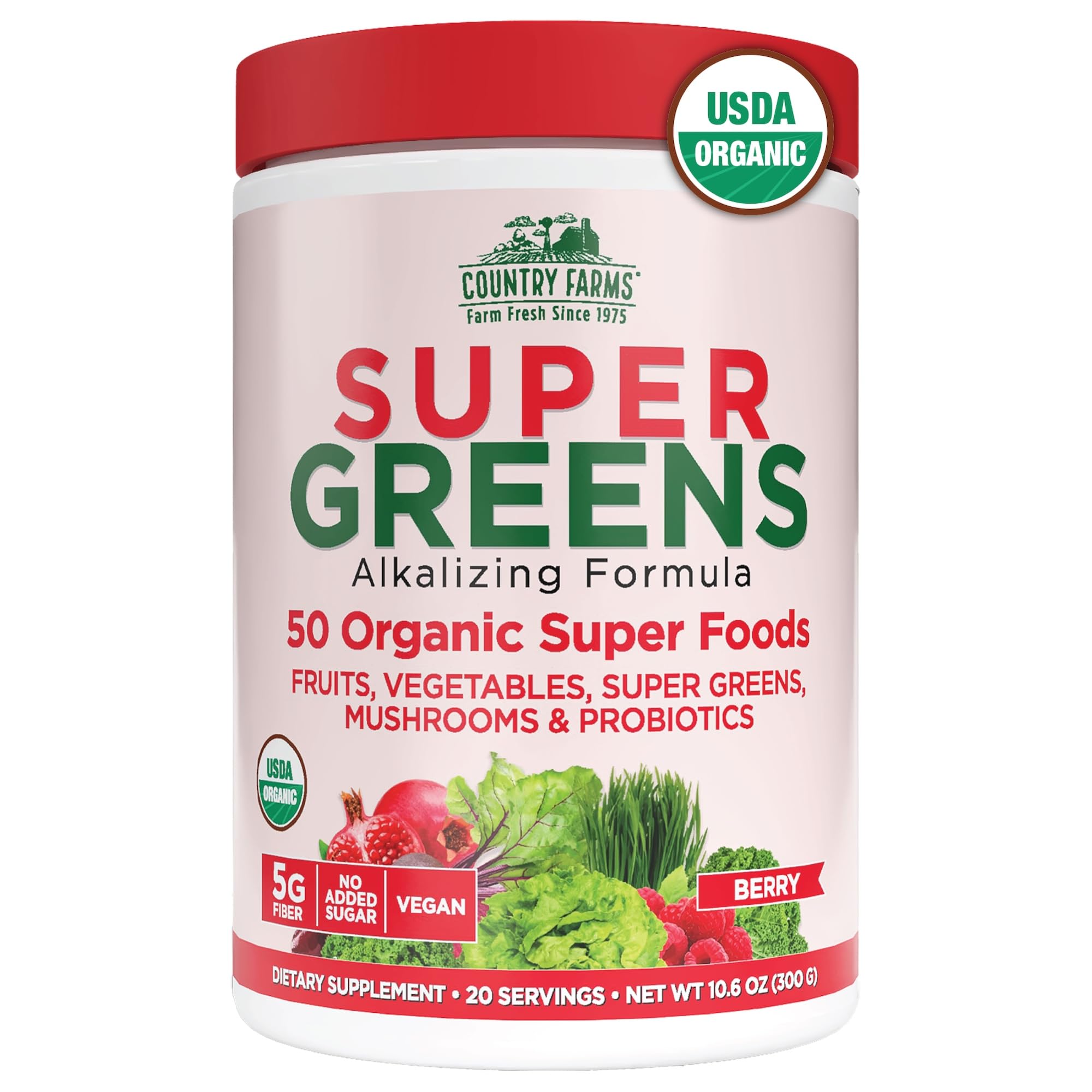 Country Farms front packaging showing product and berry flavor, convenient daily nutrition