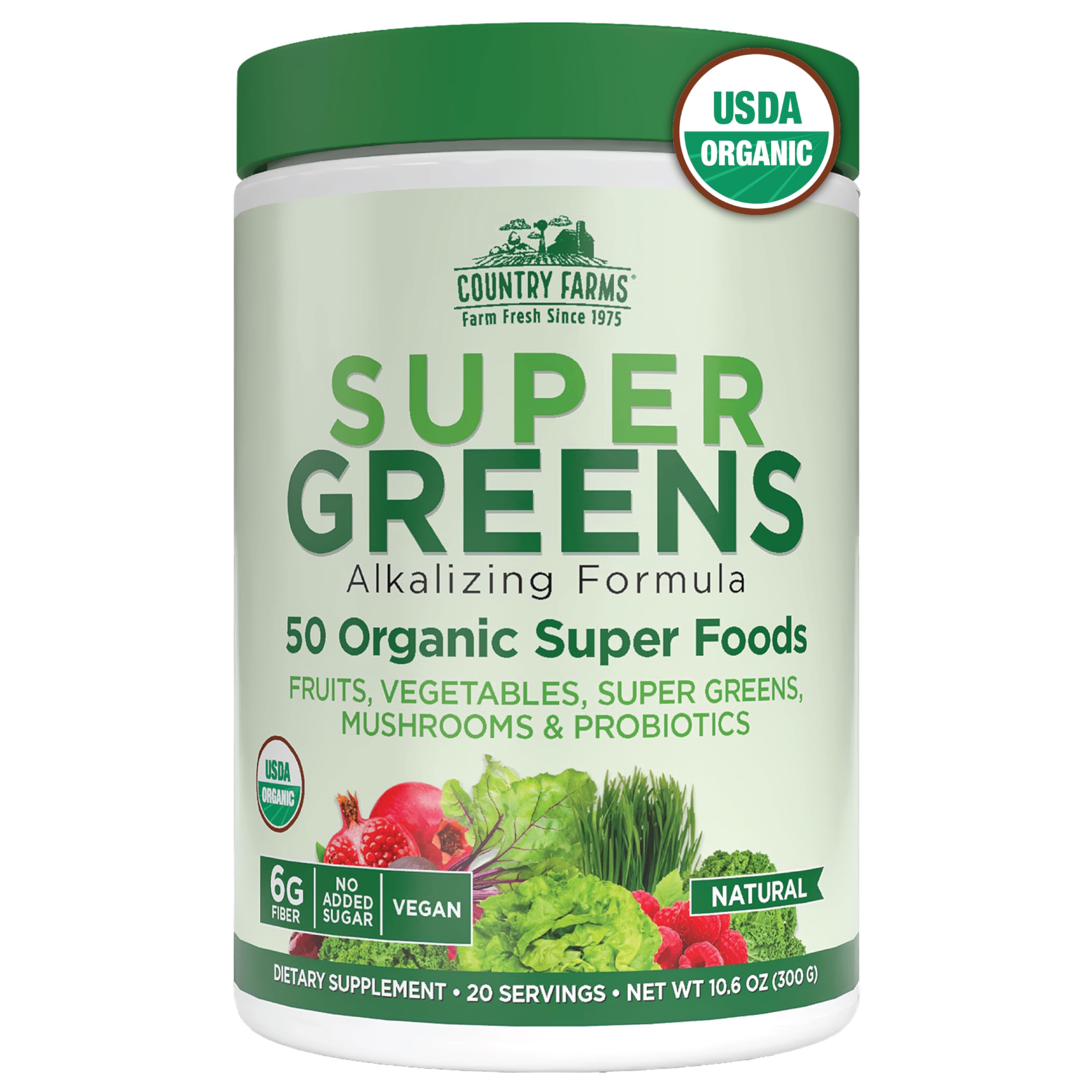 Country Farms front packaging showing organic super greens benefits