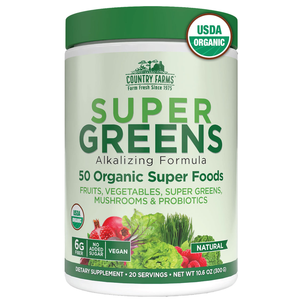 Country Farms front packaging showing organic super greens benefits