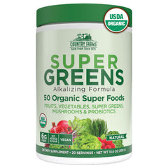 Country Farms front packaging showing organic super greens benefits