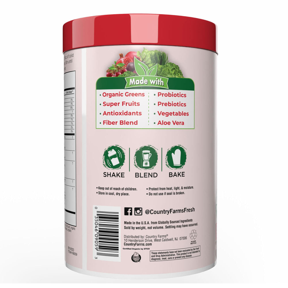 Country Farms scoop of powder close-up, concentrated organic ingredients for easy mixing