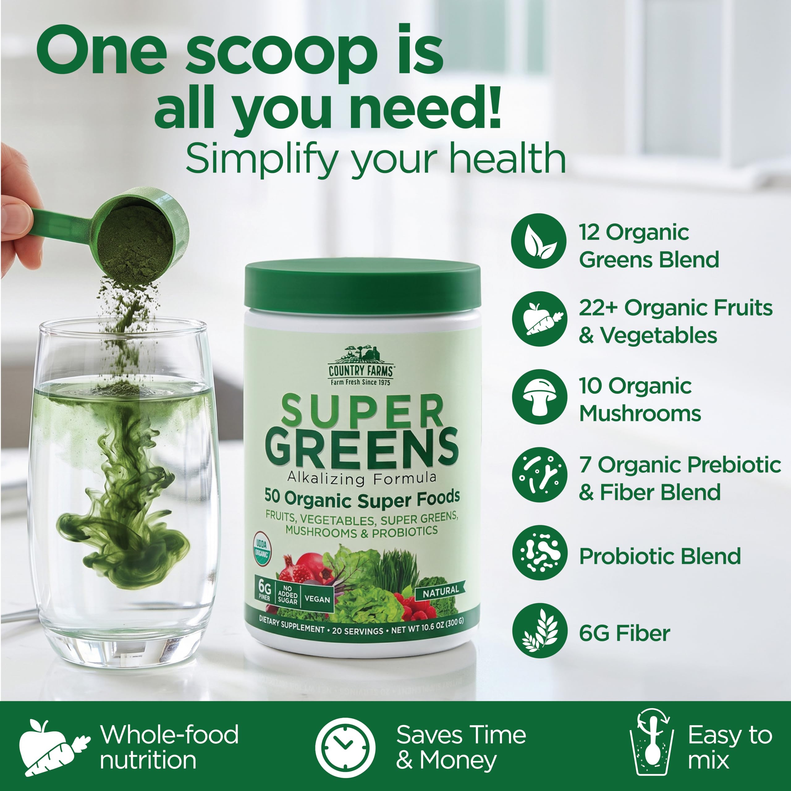 Country Farms prepared glass of greens drink demonstrating quick use