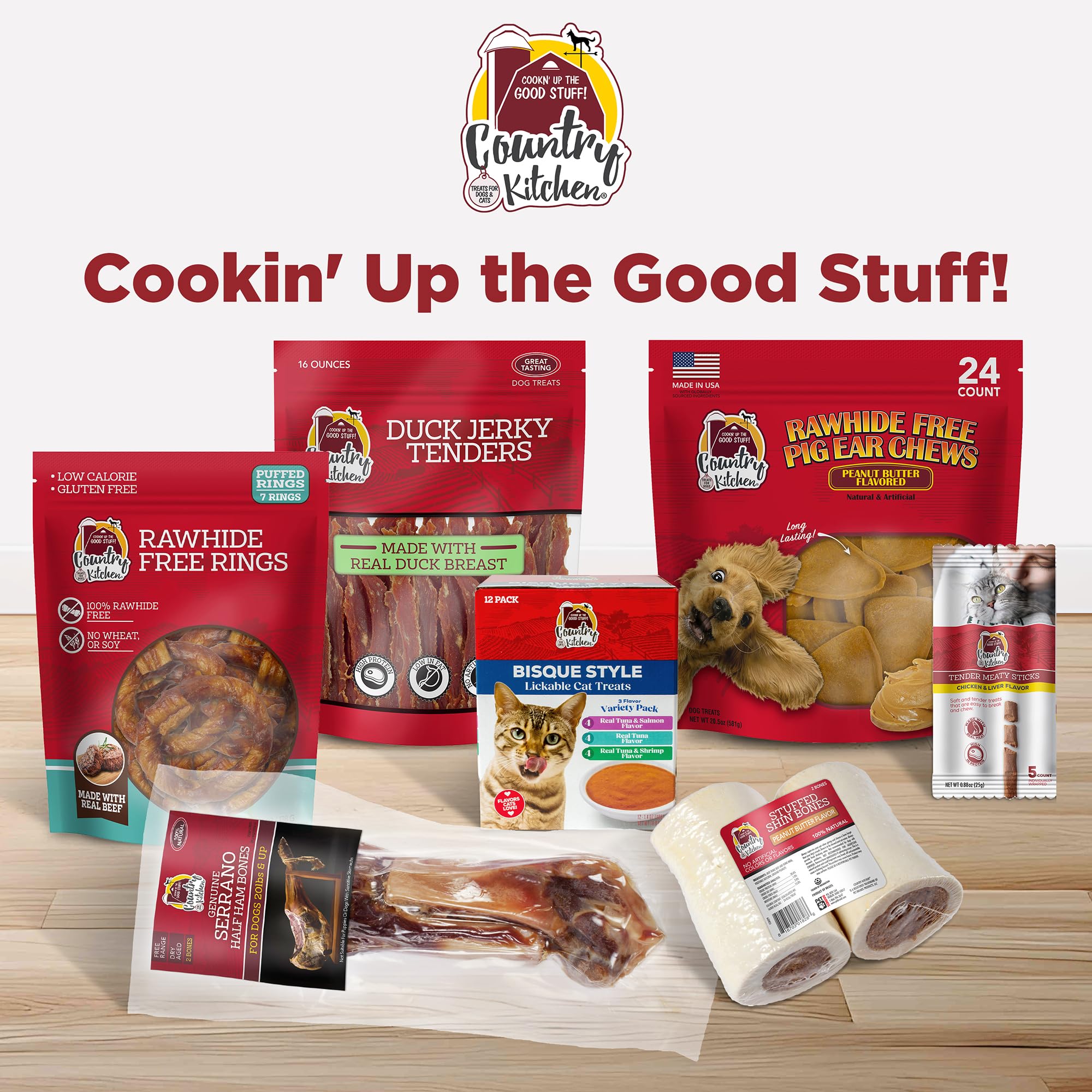 Country Kitchen owner giving duck jerky to dog outdoors showing active lifestyle