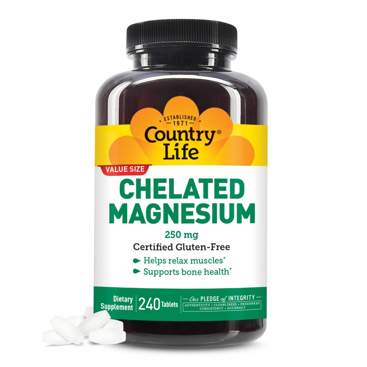 Country Life bottle front view showing chelated magnesium and 240-tablet count benefit