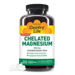 Country Life bottle front view showing chelated magnesium and 240-tablet count benefit