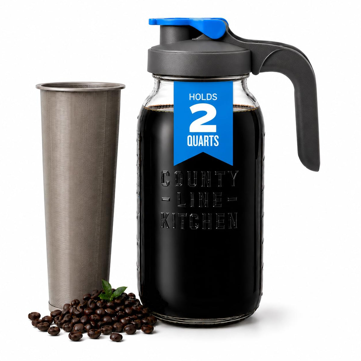 County Line Kitchen pitcher front view showing gray handle and capacity benefit