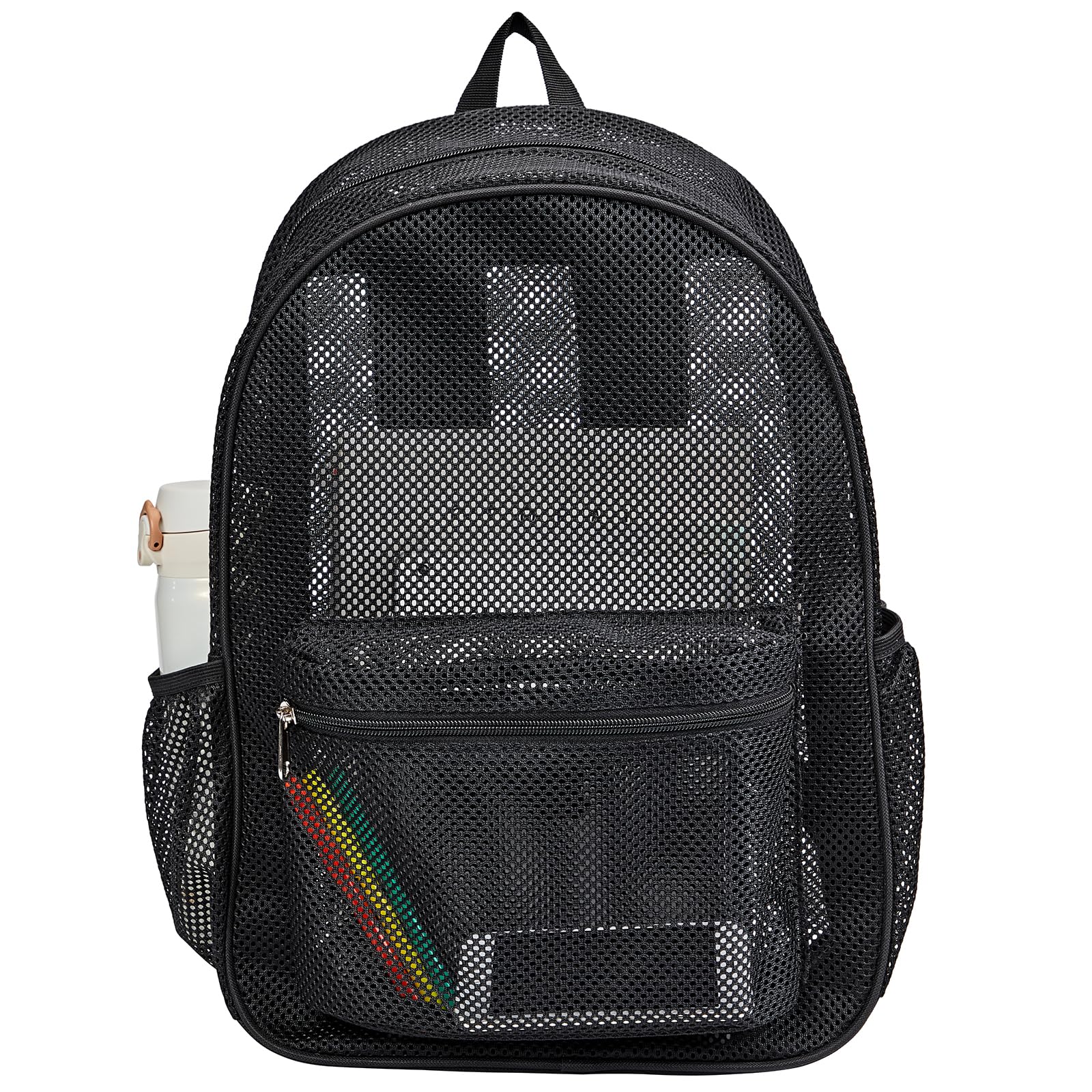 COVAX front view of black mesh backpack showing organization benefits