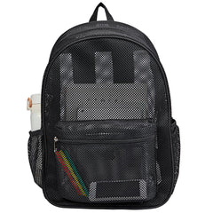 COVAX front view of black mesh backpack showing organization benefits