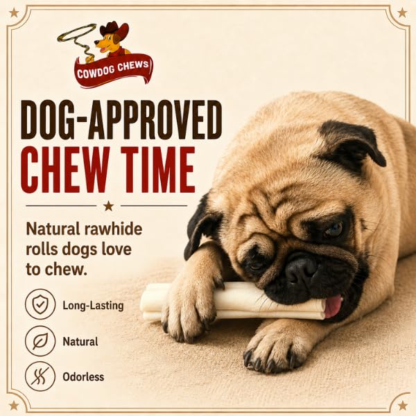 Cowdog Chews retriever roll in a dog’s mouth during supervised chewing for enrichment