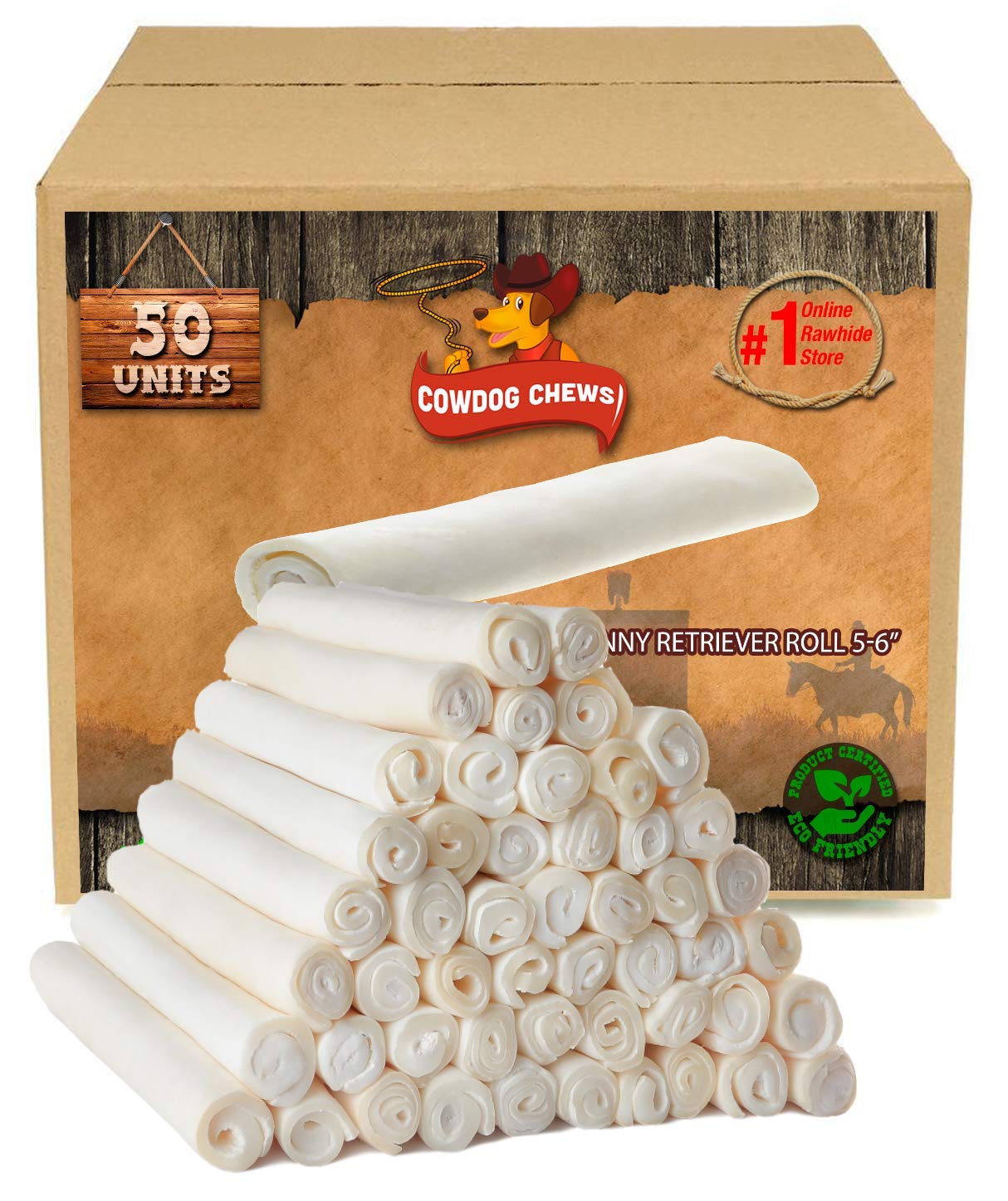 Cowdog Chews retriever roll front packaging showing 50-pack convenience and clear branding