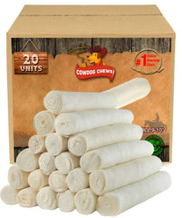 Cowdog Chews front packaging showing 20-pack and natural rawhide benefits