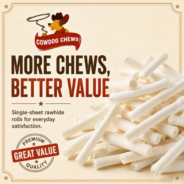 Cowdog Chews roll beside a hand for scale illustrating 5–6 inch size benefit