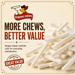 Cowdog Chews roll beside a hand for scale illustrating 5–6 inch size benefit