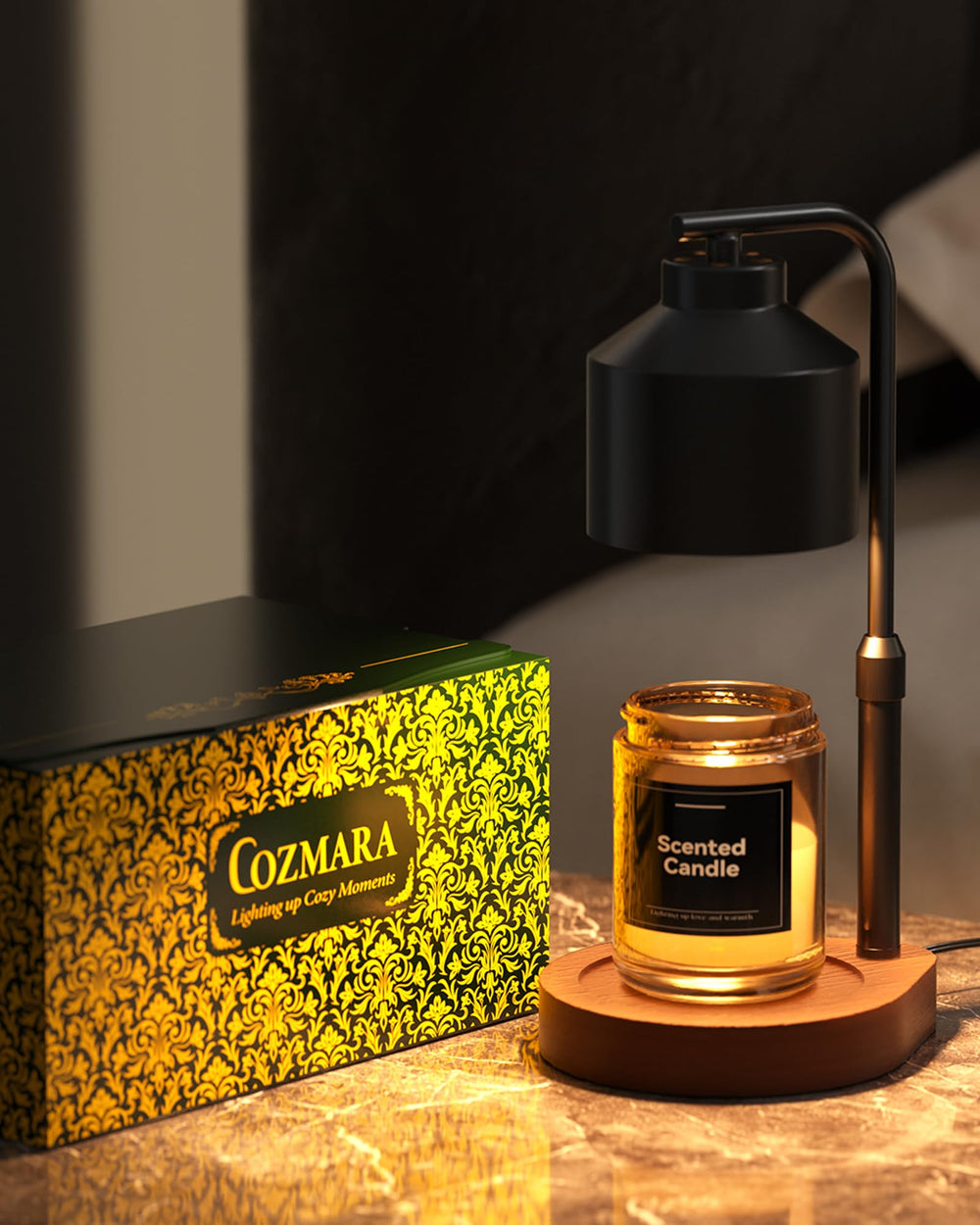 Cozmara next to common jar candle to show size and compatibility benefits