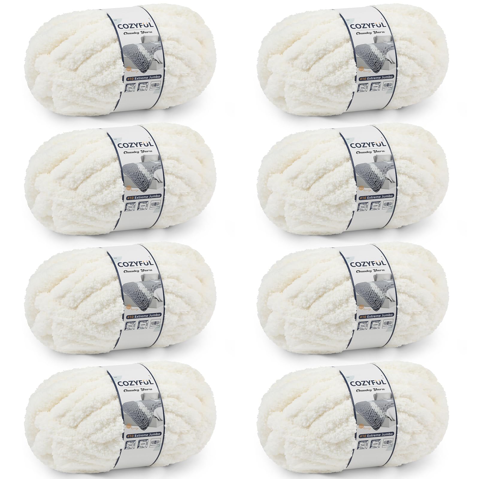 Cozyful skein front view in cream showing weight and label for easy selection