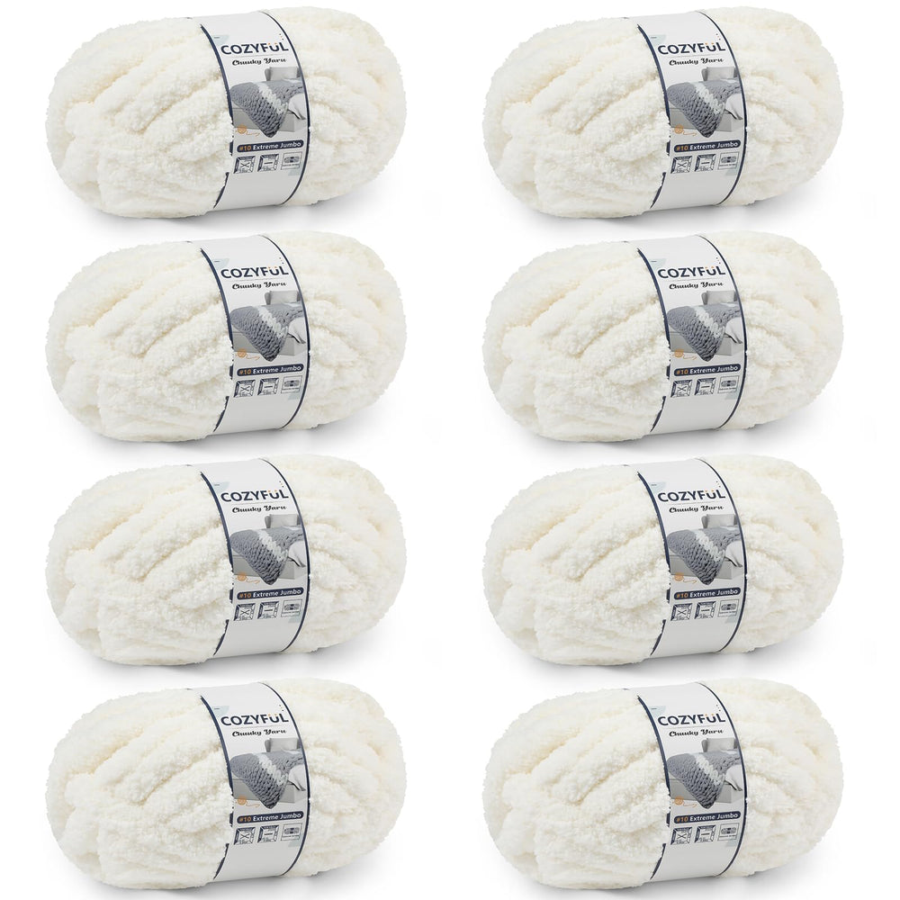 Cozyful skein front view in cream showing weight and label for easy selection