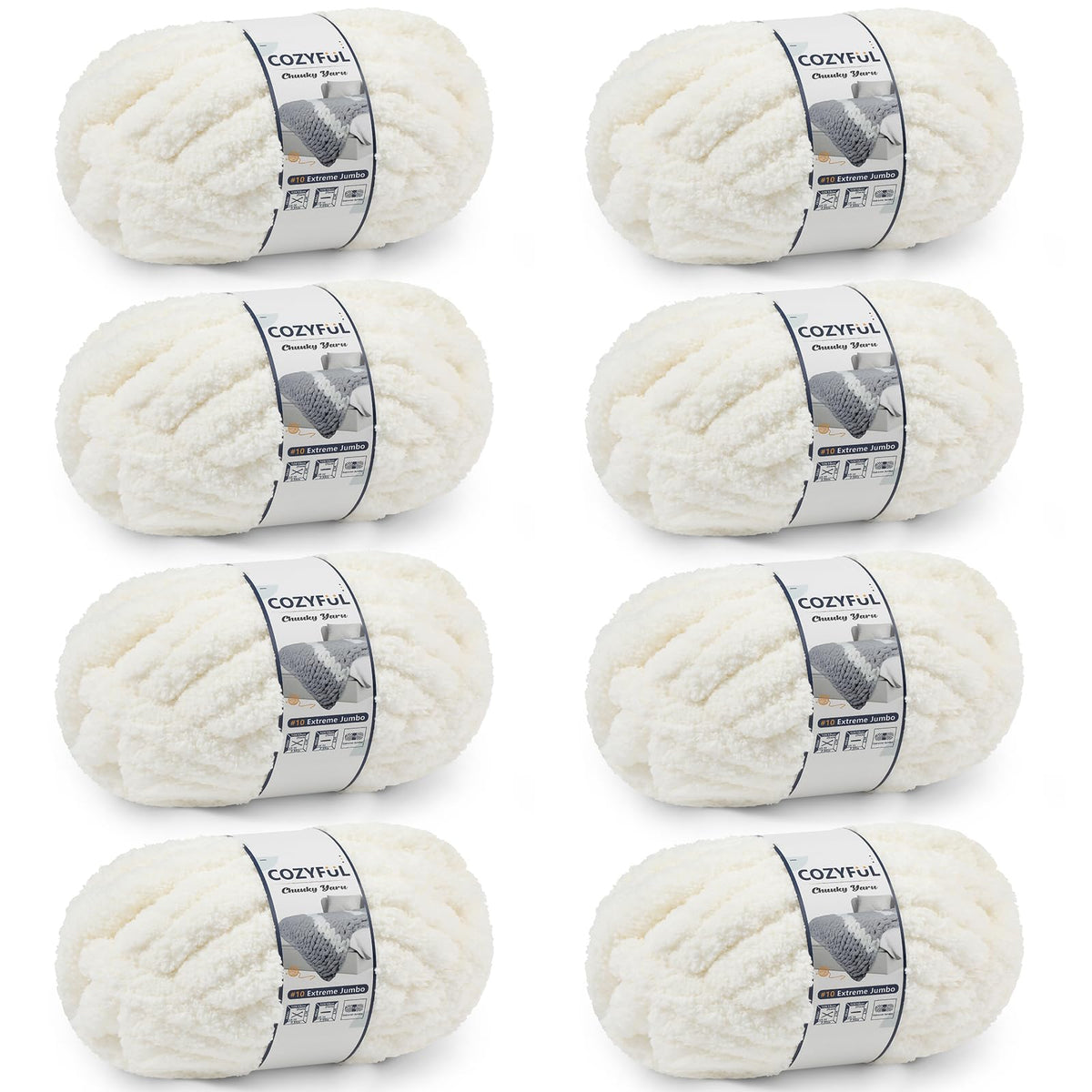 Cozyful skein front view in cream showing weight and label for easy selection