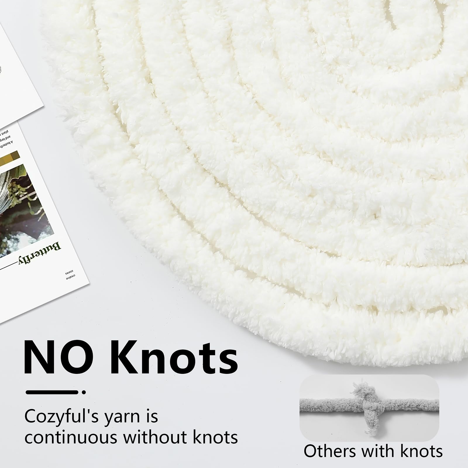Stacked Cozyful skeins with visible label demonstrating continuous knot-free strand