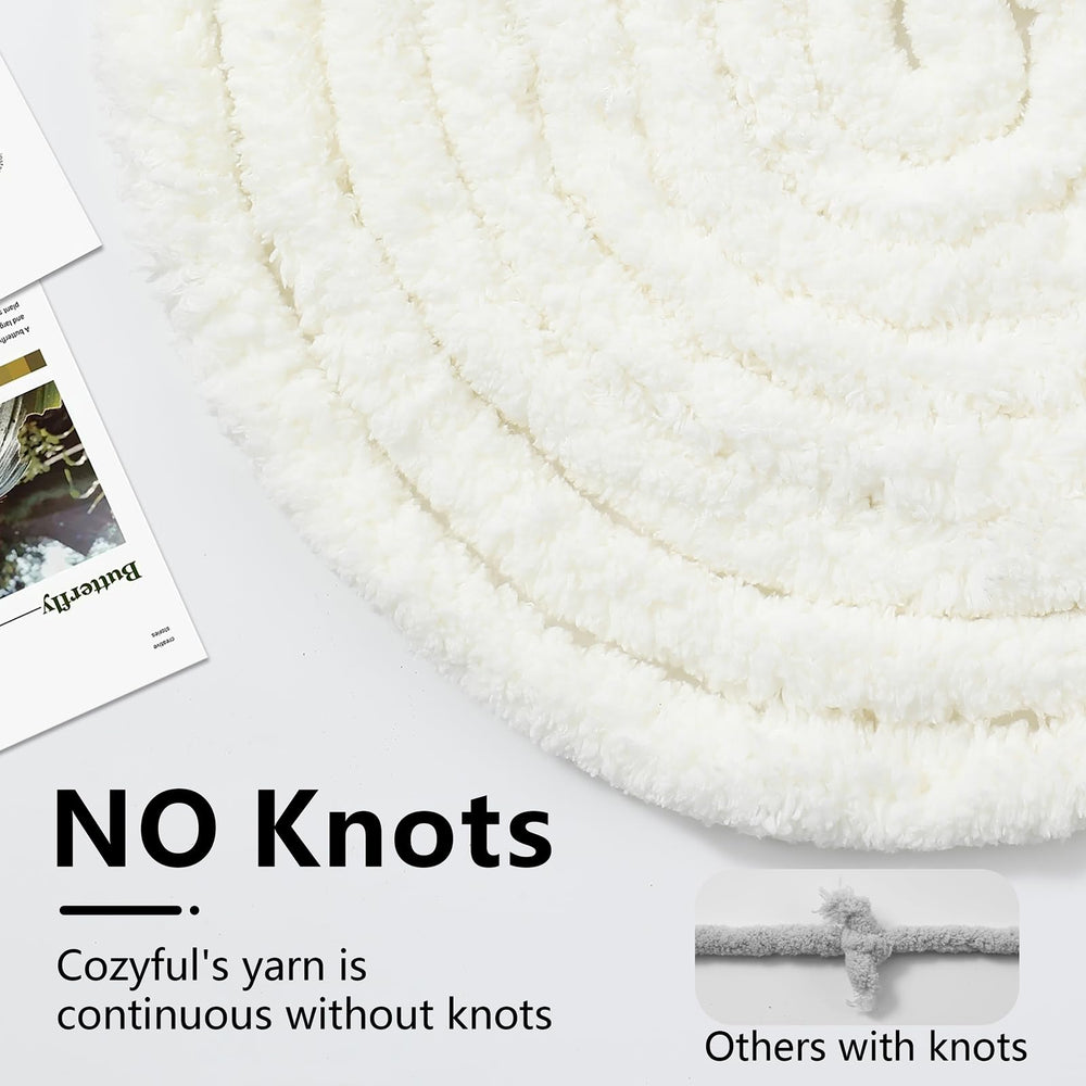 Stacked Cozyful skeins with visible label demonstrating continuous knot-free strand