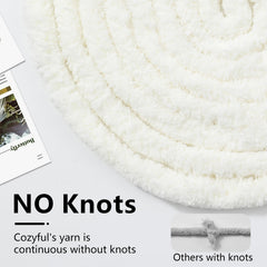 Stacked Cozyful skeins with visible label demonstrating continuous knot-free strand