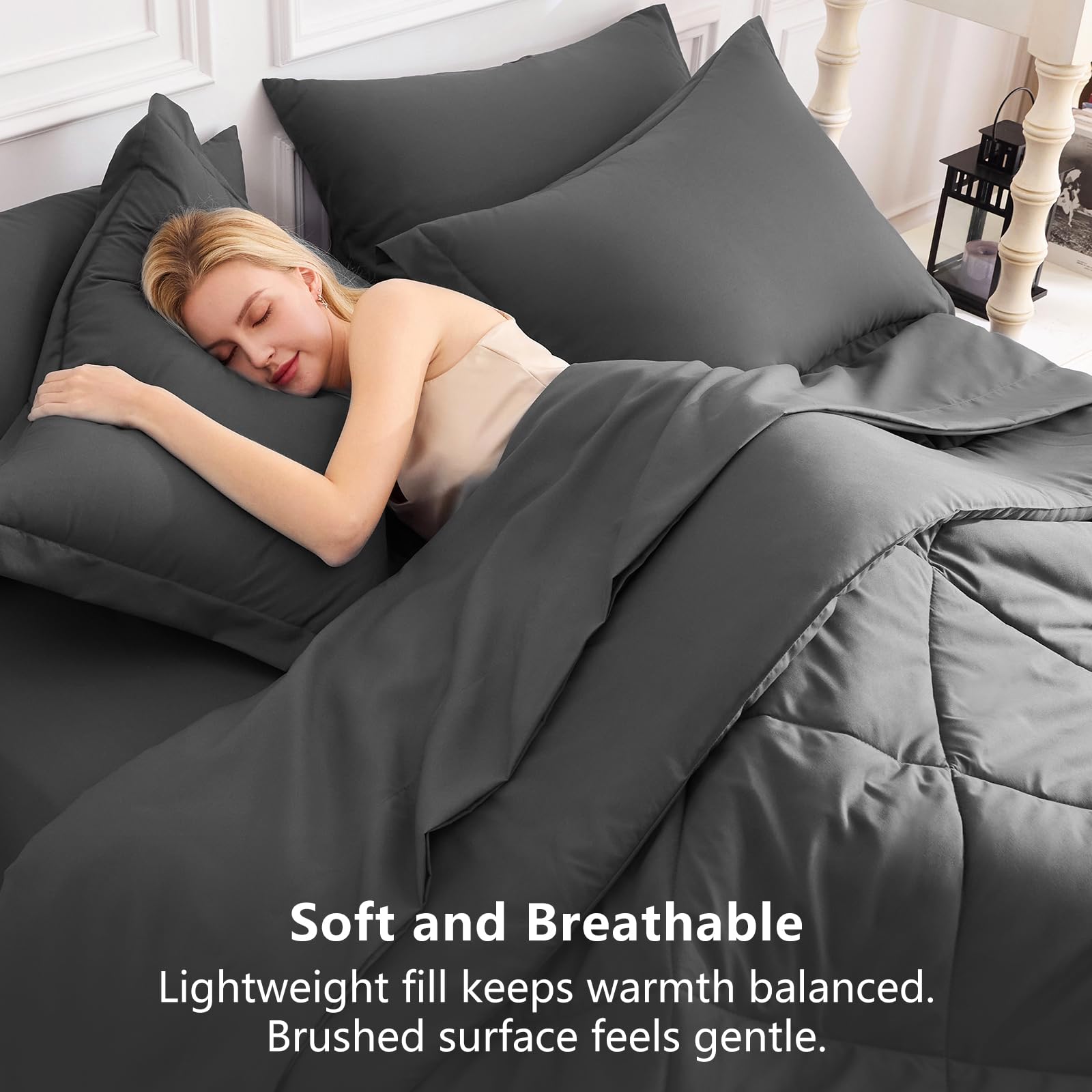 CozyLux styled bedroom with comforter set showing modern dark grey in real room