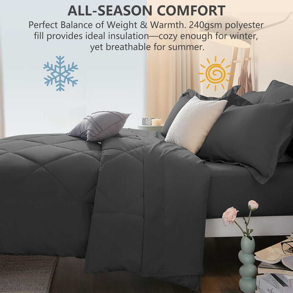CozyLux comforter next to a ruler showing 102x90 inch size and ample drape