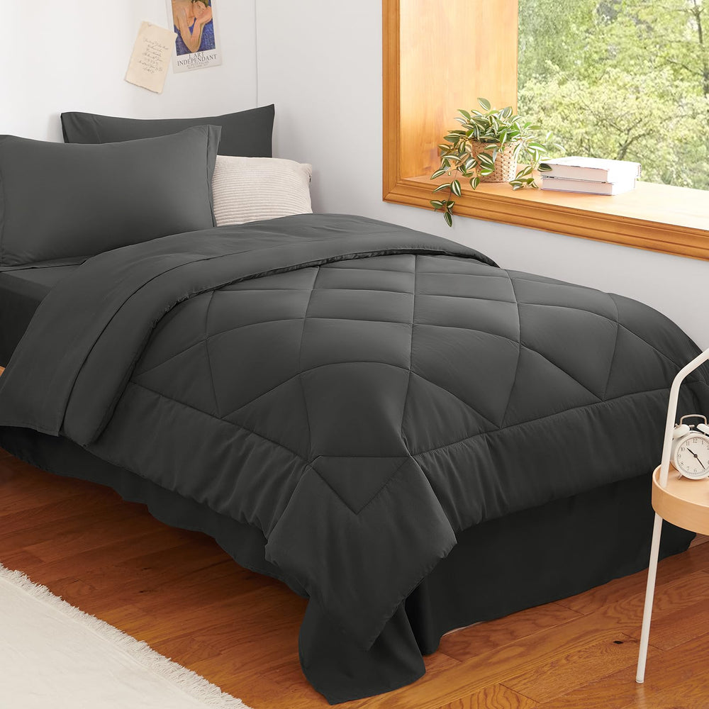 CozyLux comforter front view shows clean dark grey finish and neat fit