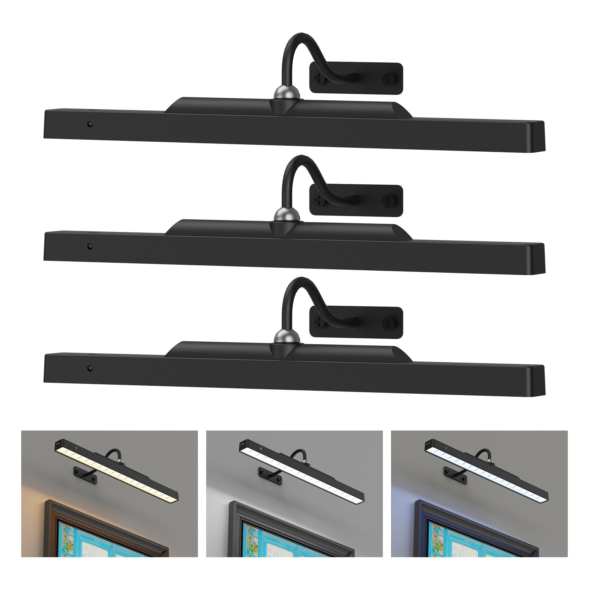 Craftersmark front view of 16-inch black picture light showing sleek profile and benefit: neat cordless accent