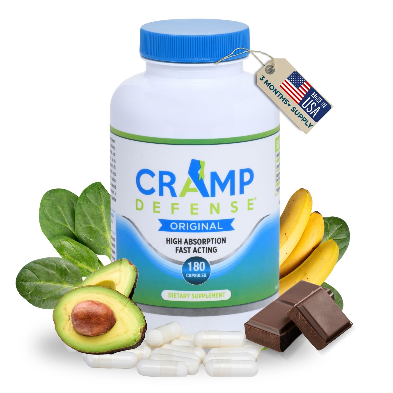 Cramp Defense front packaging showing bottle and capsule benefits for cramps