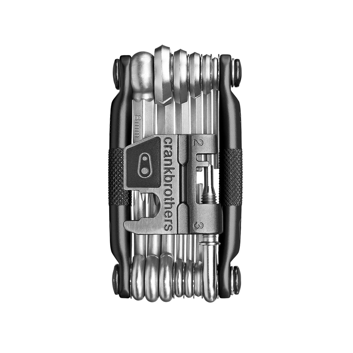 Crankbrothers Multi Tool M 19 front view showing compact matte black body and tool layout benefit versatility