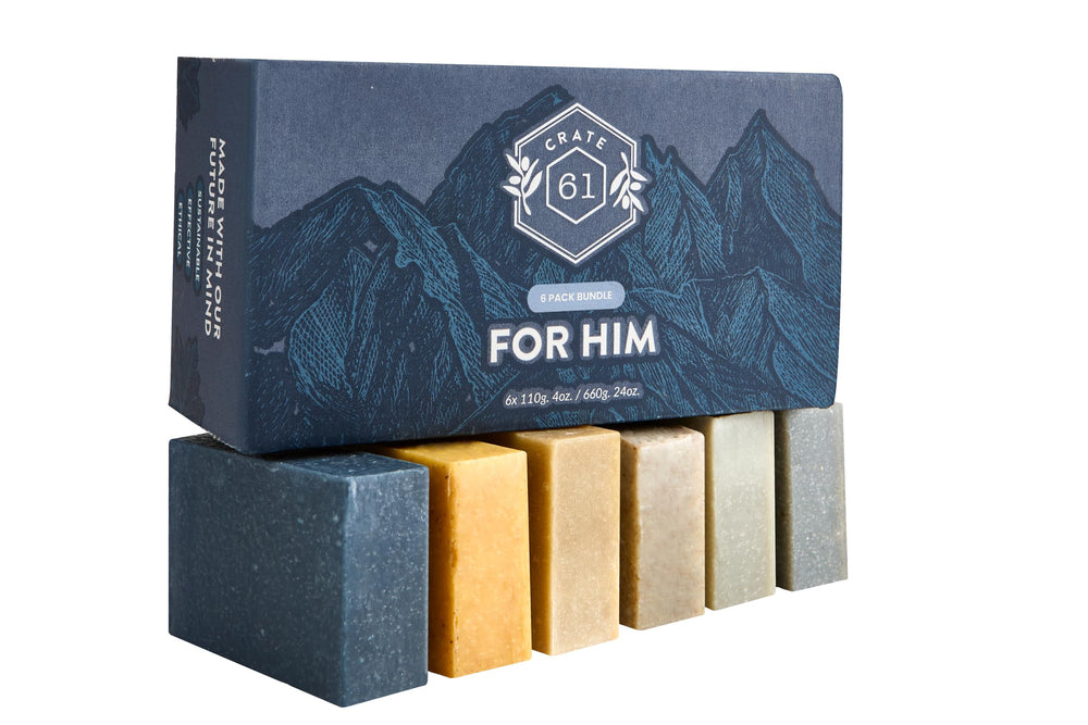 Crate 61 Organics bars displayed on bathroom shelf, lifestyle scene emphasizing daily-use convenience benefit