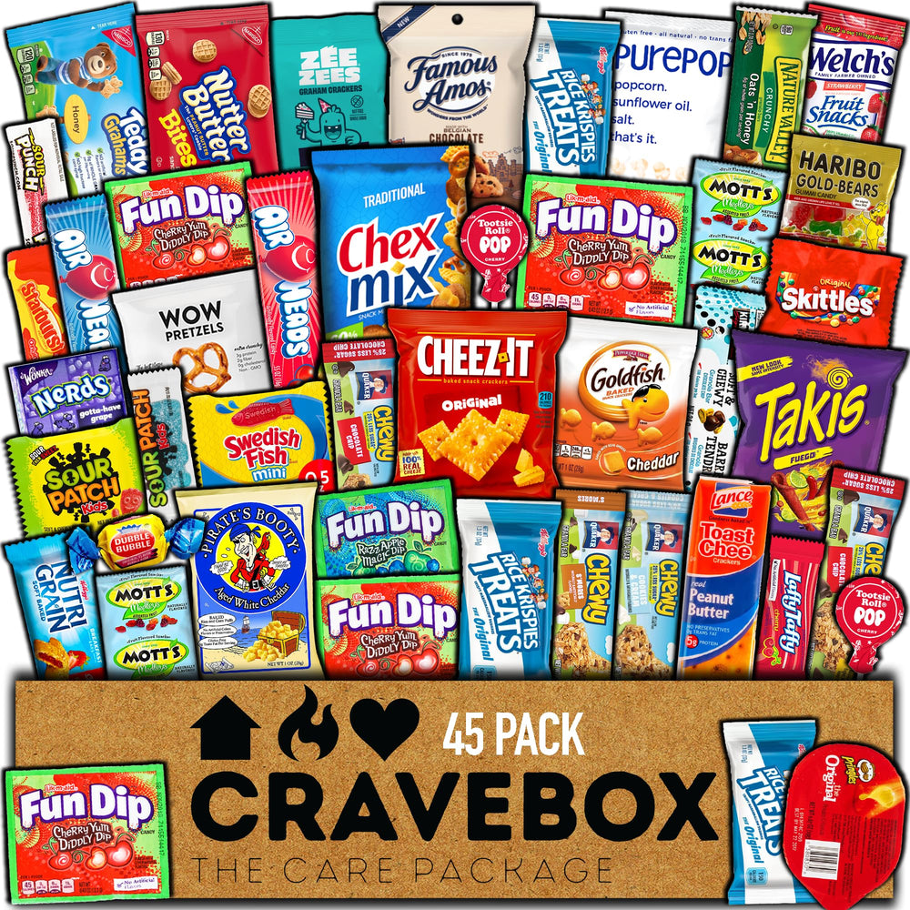 CRAVEBOX front packaging showing 45-count snack assortment and gift-ready look