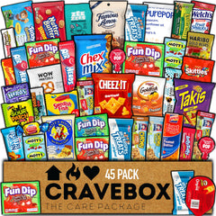 CRAVEBOX front packaging showing 45-count snack assortment and gift-ready look