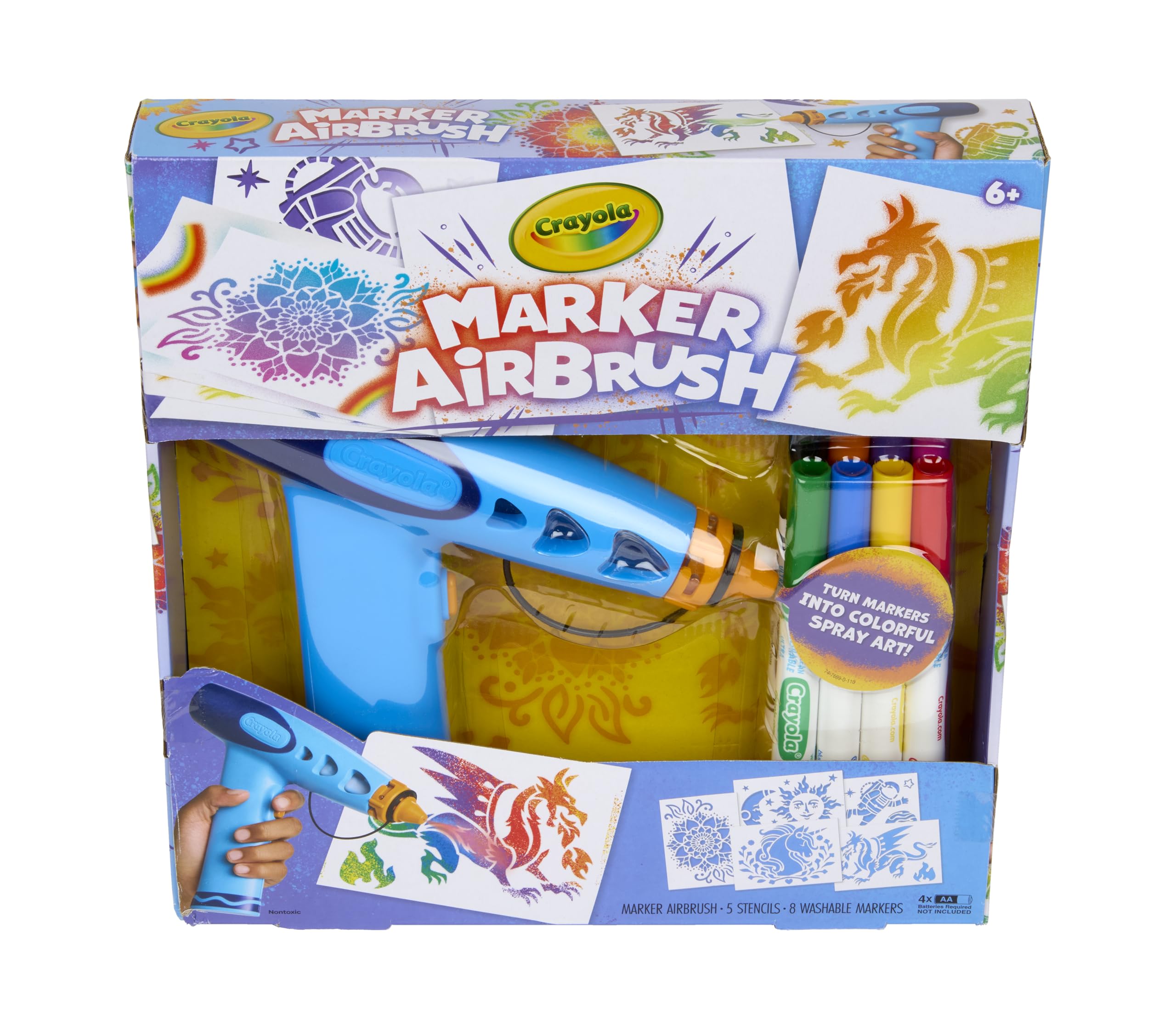 Crayola front packaging showing airbrush kit and contents for easy setup
