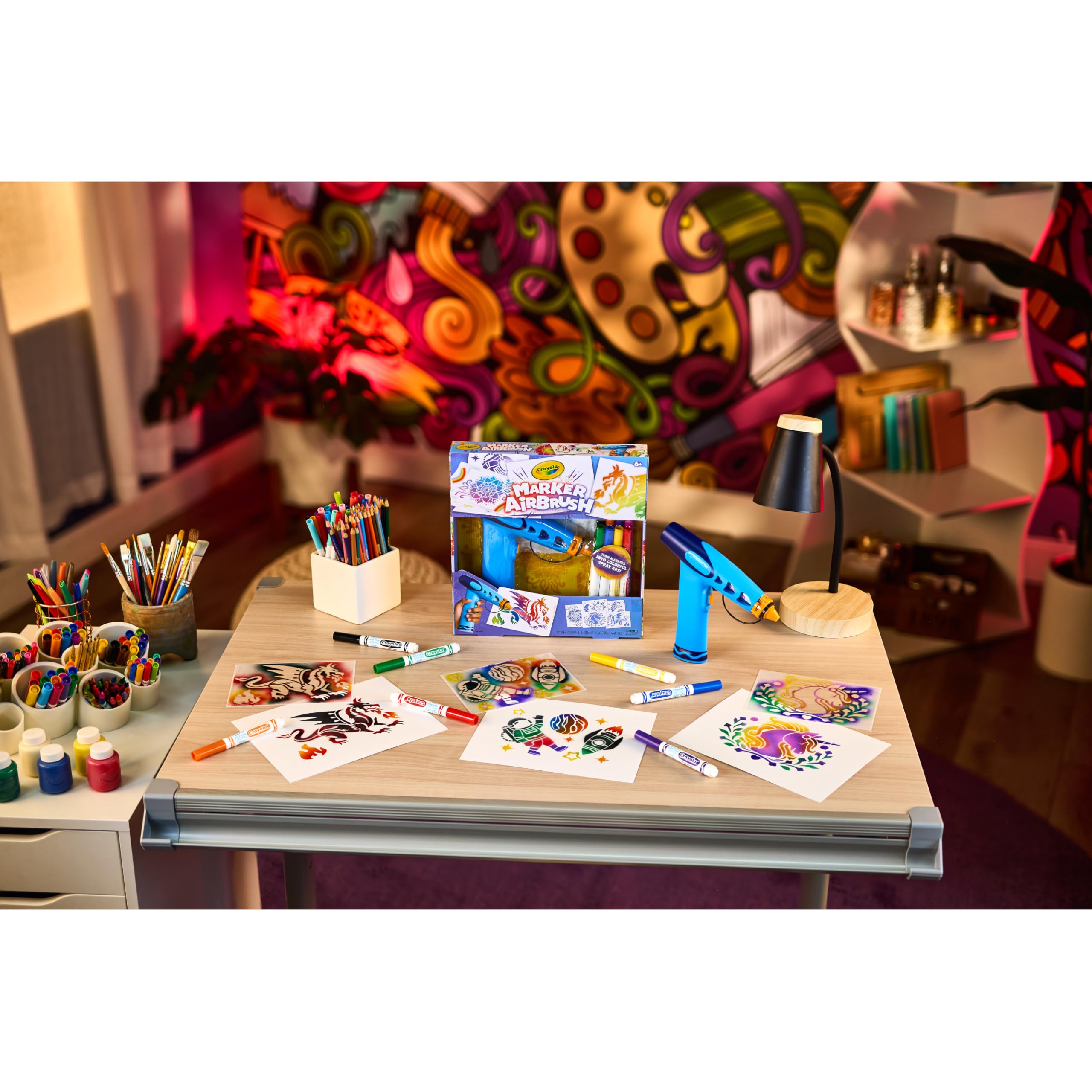 Finished paper showing stencil patterns made with Crayola for precise designs