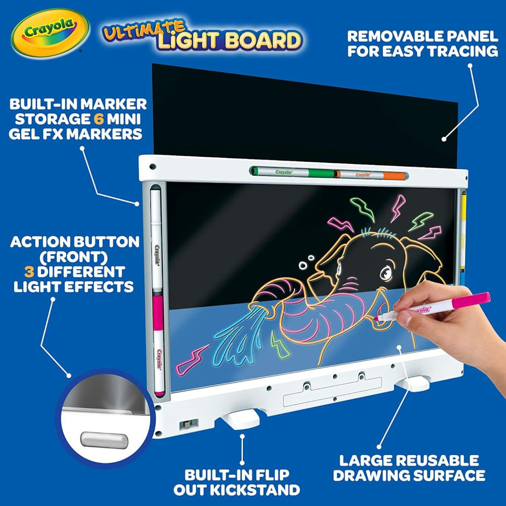 Crayola board illuminated in child's hands showcasing glowing artwork and engaging visual effects