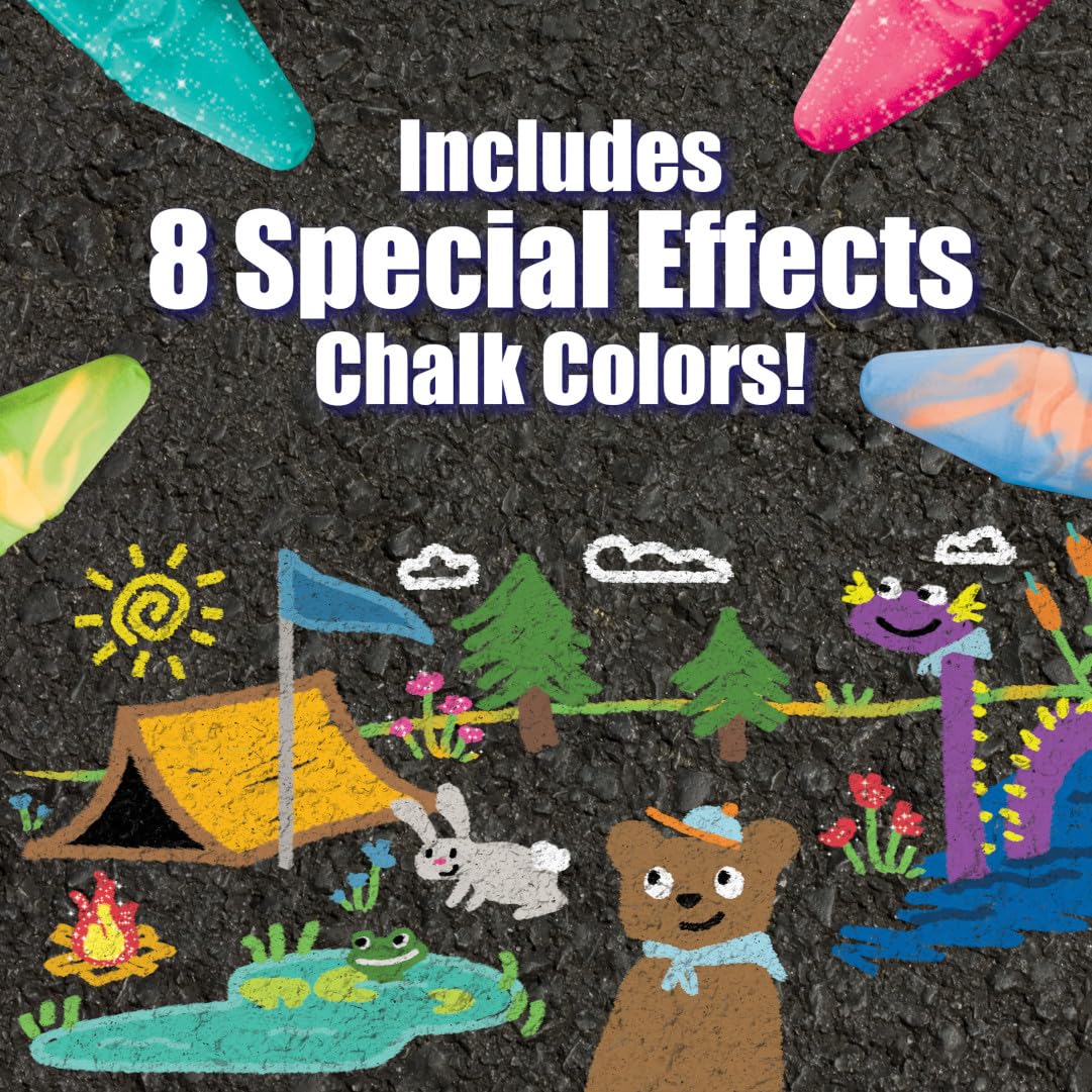 Child using Crayola chalk to draw colorful driveway mural and games