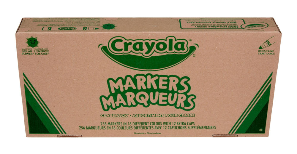 Crayola front packaging showing 256-count markers and clear classroom-ready labeling benefit