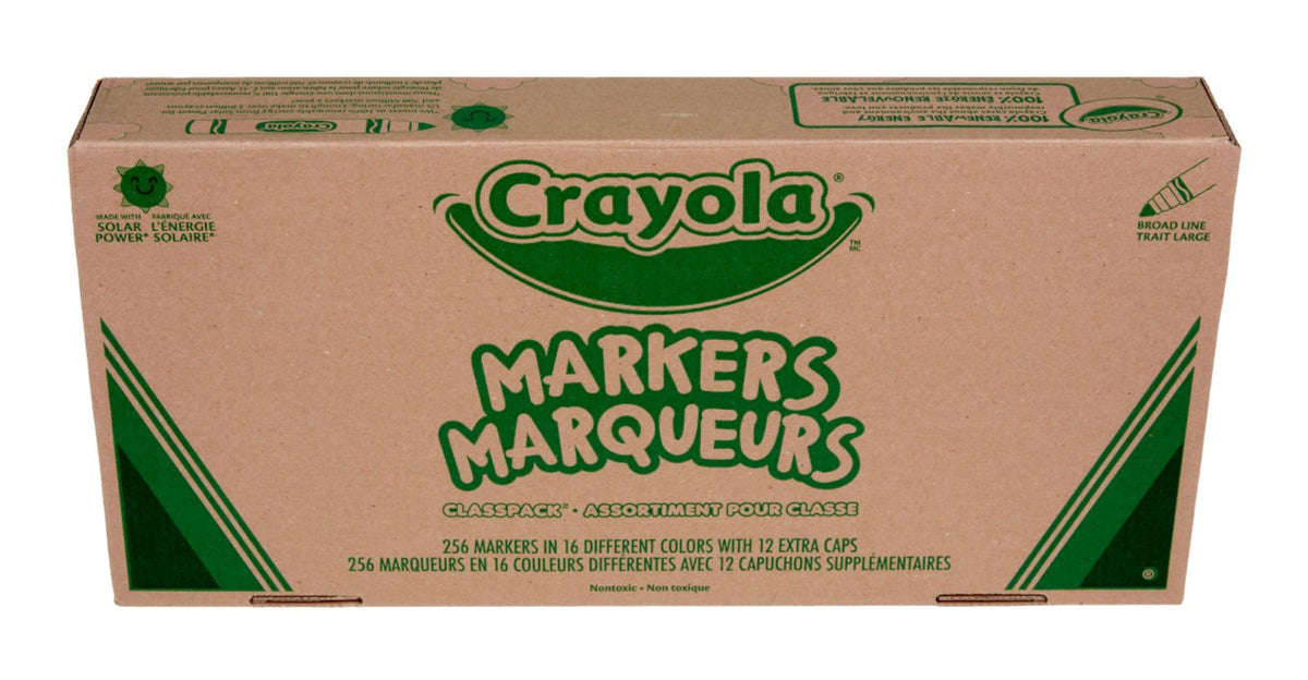Crayola front packaging showing 256-count markers and clear classroom-ready labeling benefit