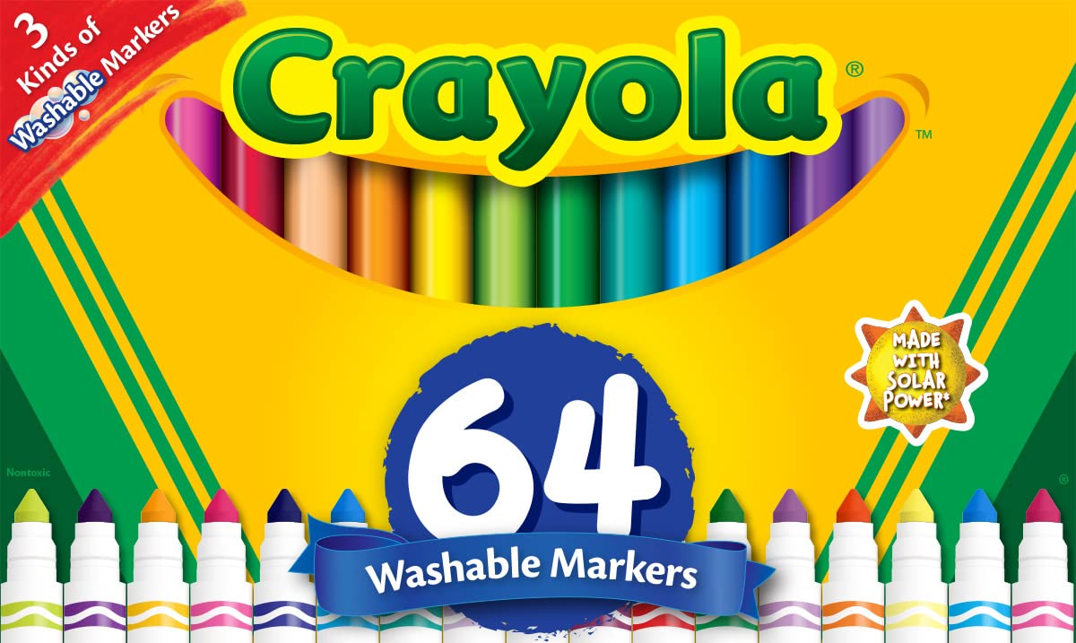 Crayola front of packaging showing all 64 markers and easy-clean promise