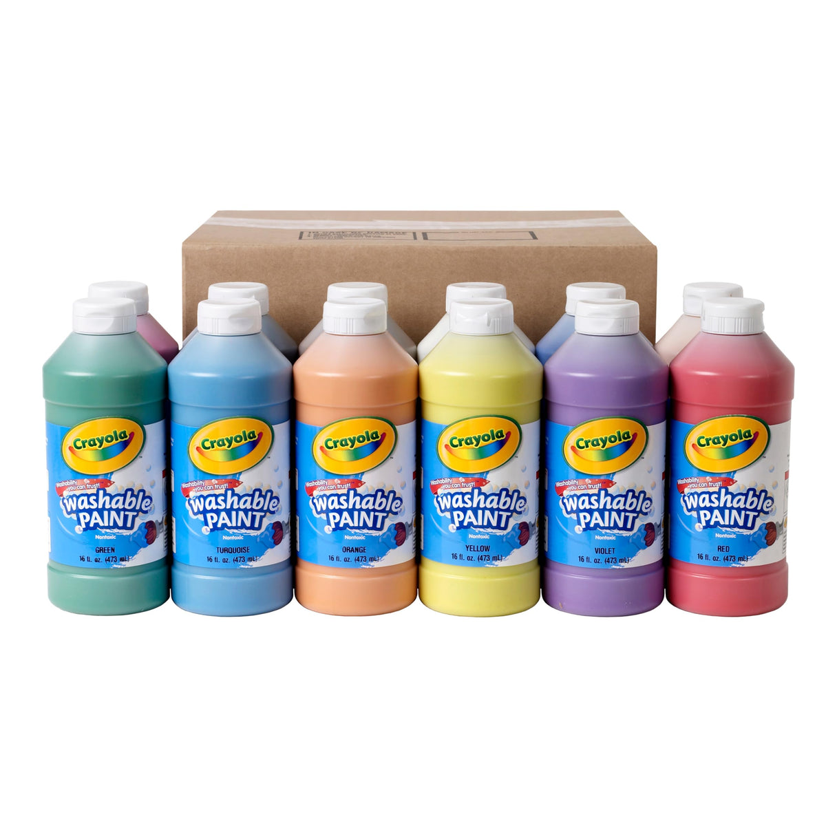 Crayola front packaging showing 12 colorful 16 oz bottles and classroom value