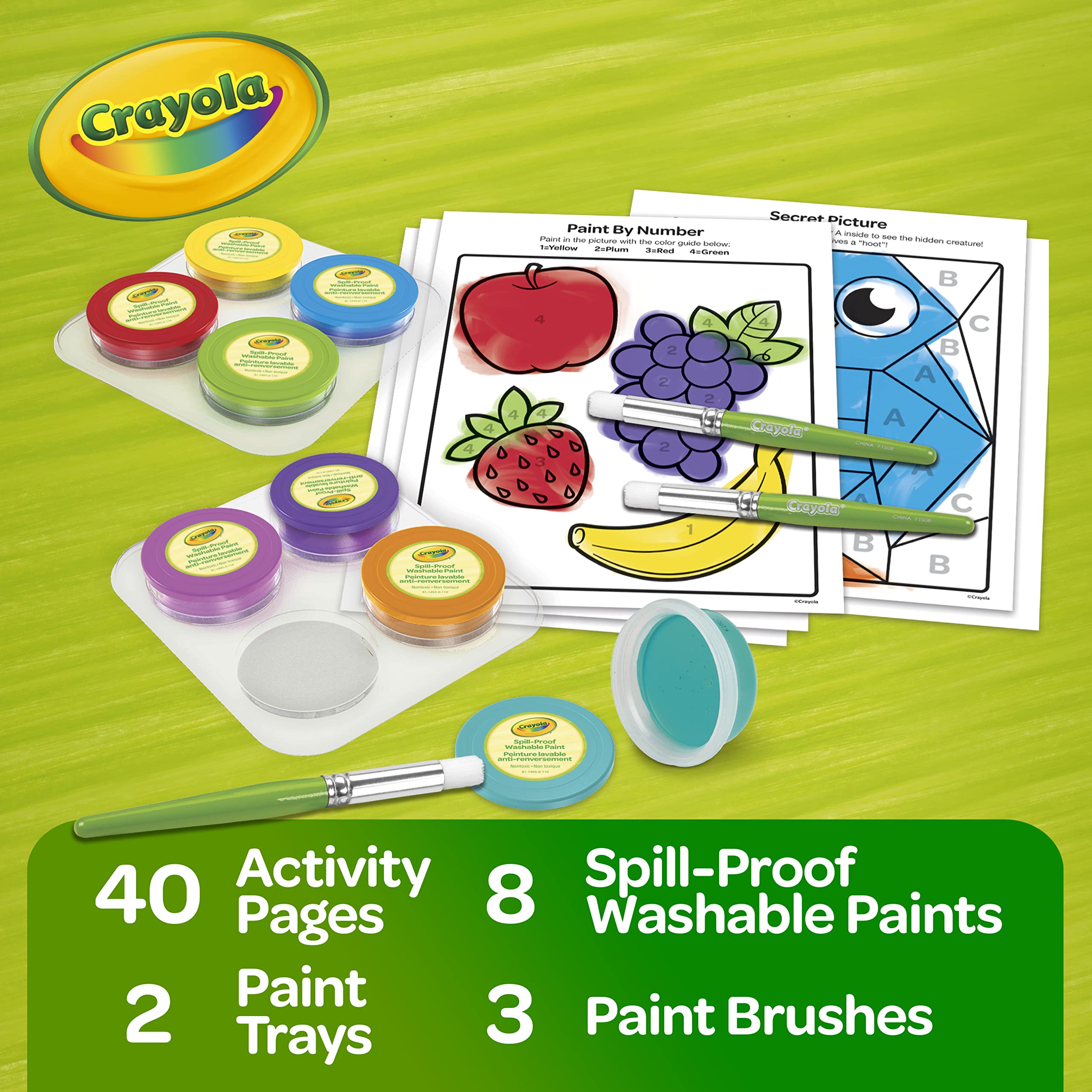 Crayola open tray displaying eight washable paint pots for organized, low-mess coloring