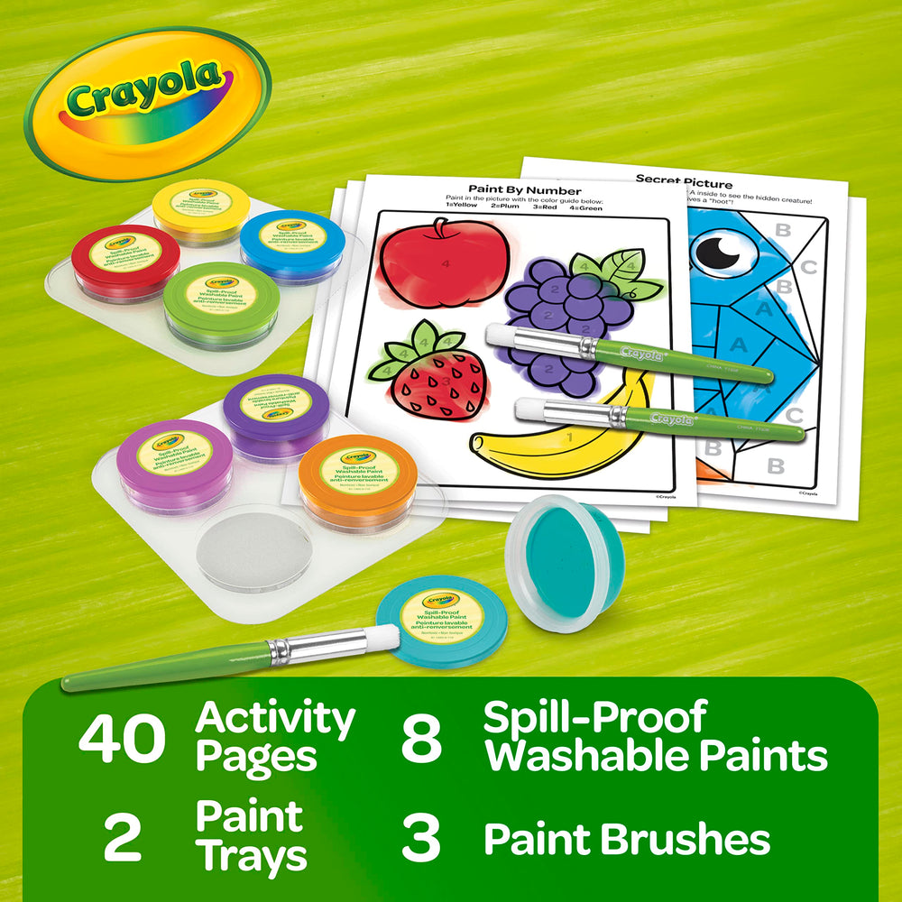 Crayola open tray displaying eight washable paint pots for organized, low-mess coloring