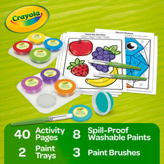 Crayola open tray displaying eight washable paint pots for organized, low-mess coloring
